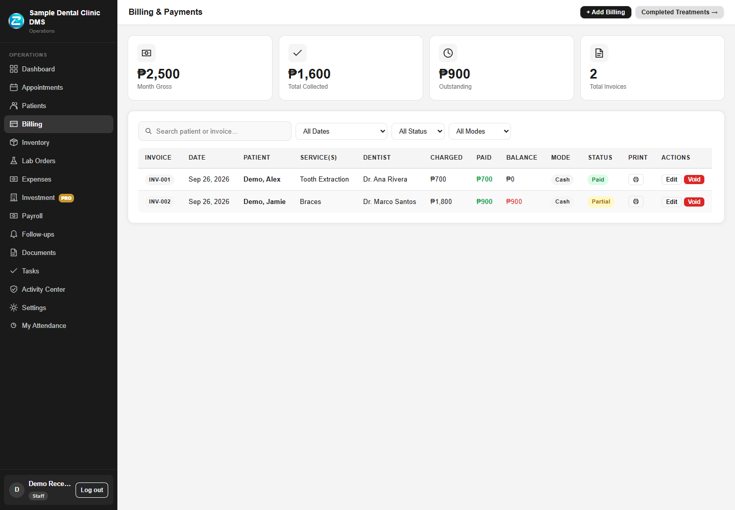 Current billing screen with fictional demo data