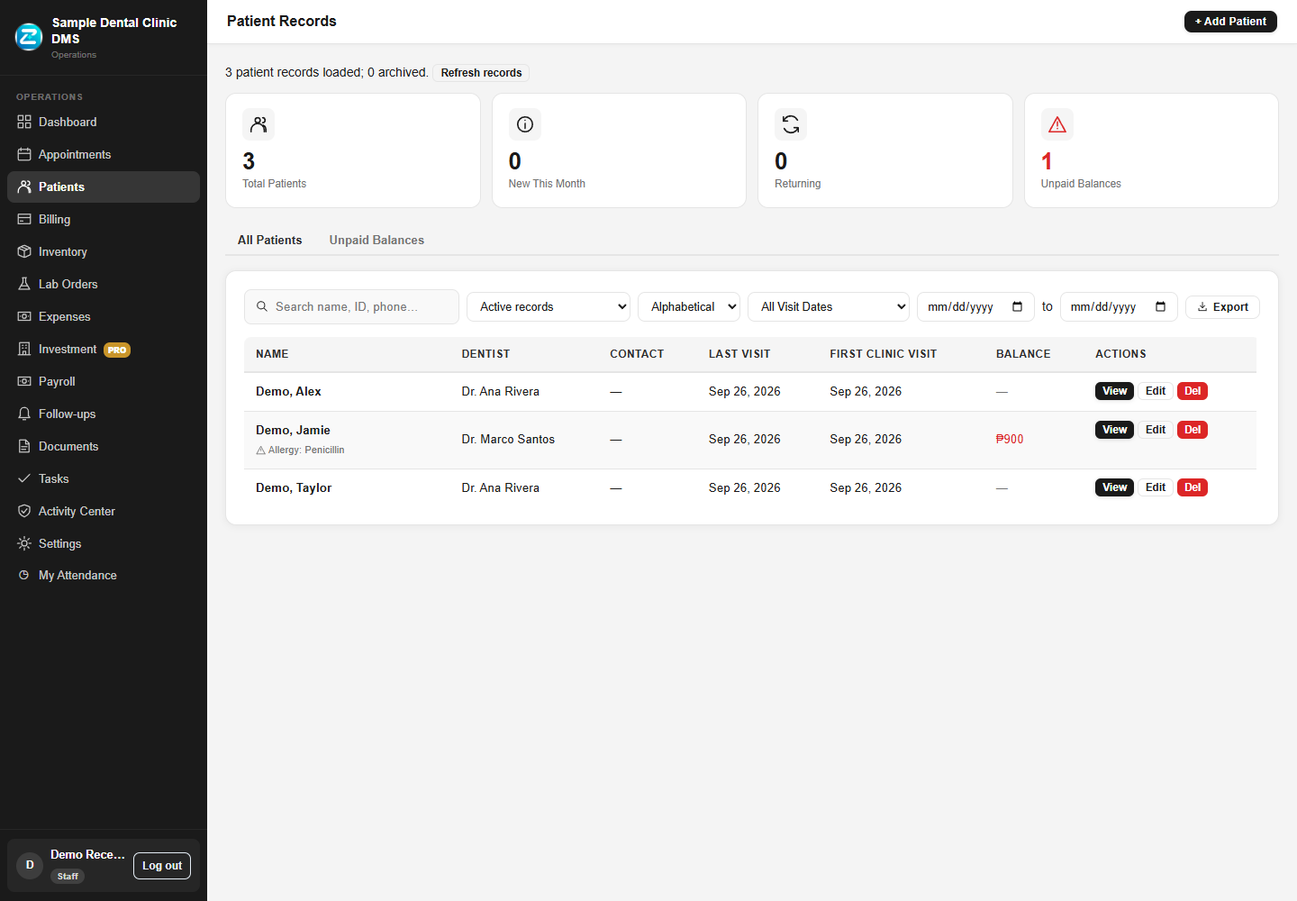 Current patients screen with fictional demo data